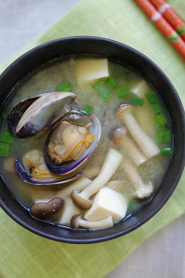 Delicious and easy Asari clams miso soup in a bowl.