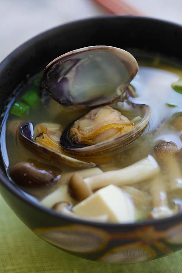 Close up Japanese miso soup with Manila clams.