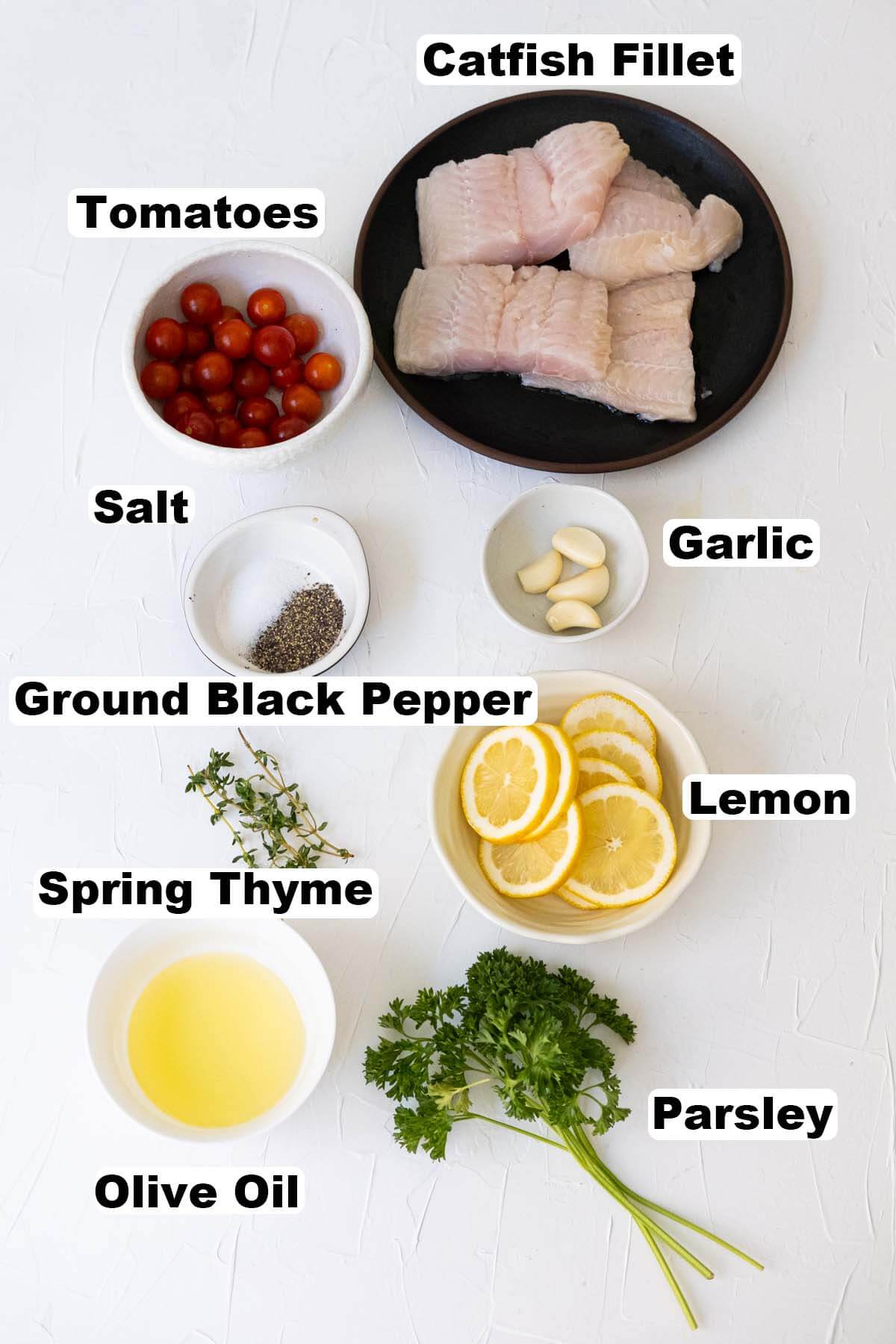 Ingredients for baked catfish recipe.