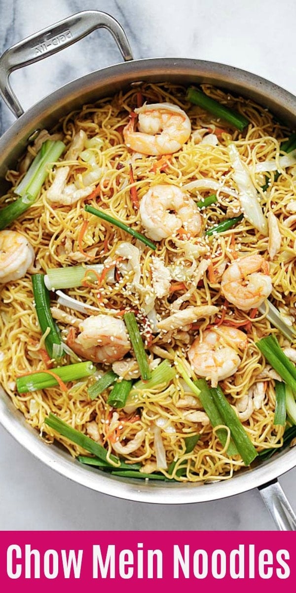 Easy Chow Mein recipe with Chinese egg noodles stir fried with chicken, shrimp and veggies. This is an authentic chow mein noodles recipe Chinatown style | rasamalaysia.com