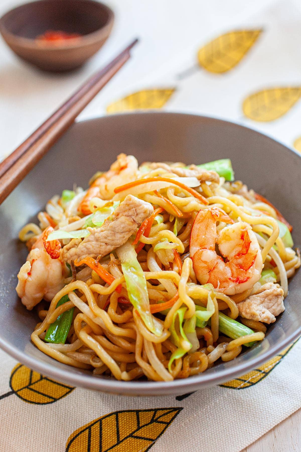 Chow Mein noodles with shrimp, chicken and vegetables.