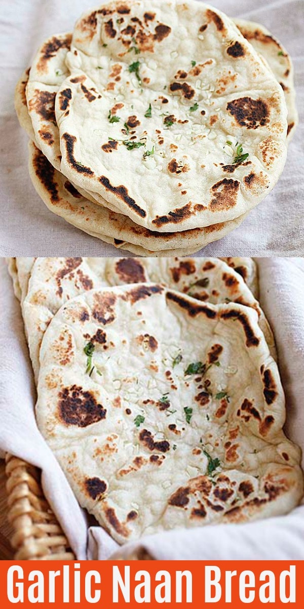 Soft, puffy and airy Garlic Naan topped with minced garlic and melted butter. Make this skillet naan bread on stove top. The recipe is so easy, hassle-free and delicious!