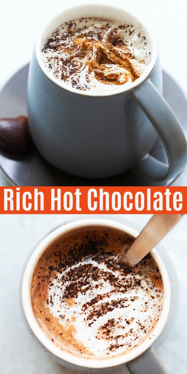 The best homemade hot chocolate with whole milk, real chocolate, sugar and water. This hot cocoa recipe is so easy to make at home. It's so creamy and rich!