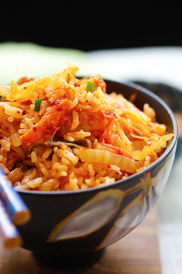 Spicy Korean Kimchi Fried Rice in a bowl ready to serve.