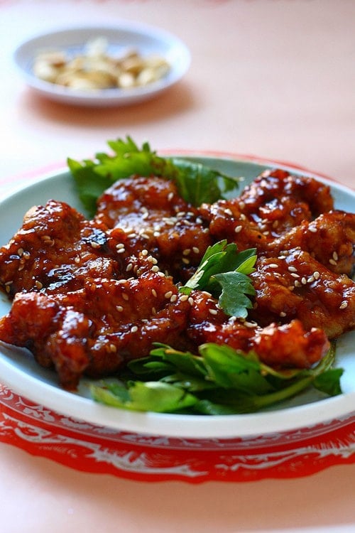 Easy and quick Chinese red Peking pork chop, ready to serve.