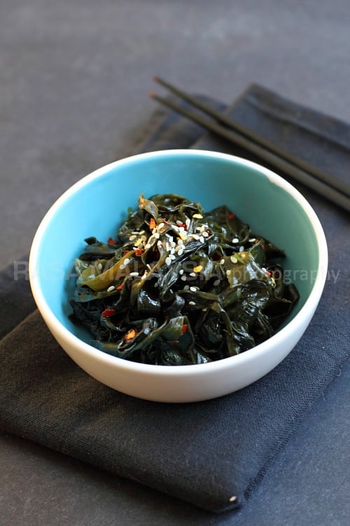 Seaweed salad made of Korean dried seaweed, salt, sugar, rice vinegar, sesame oil and chili flakes.