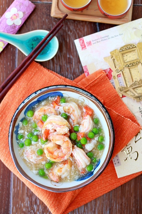 Easy shrimp with lobster sauce Chinese takeout style served in a bowl.