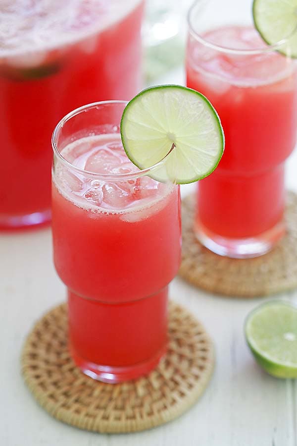 Easy watermelon-lime agua Fresca made with watermelon, lime and syrup in glass.